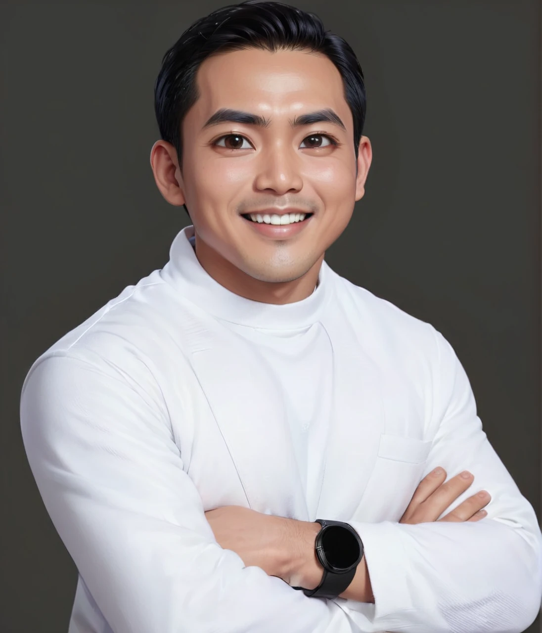 A 35 year old Indonesian man, short black hair, neatly combed back, thick eyebrows, slightly narrow eyes and a proportional nose. His oval face with slightly filled cheeks showed a friendly smile showing his straight teeth. Wearing a white t-shirt covered by a white coat. High detail, realistic lighting, very clear and sharp facial skin texture, sharp focus, natural skin color.