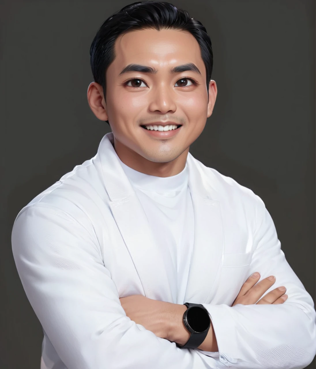 A 35 year old Indonesian man, short black hair, neatly combed back, thick eyebrows, slightly narrow eyes and a proportional nose. His oval face with slightly filled cheeks showed a friendly smile showing his straight teeth. Wearing a white t-shirt covered by a white coat. High detail, realistic lighting, very clear and sharp facial skin texture, sharp focus, natural skin color.