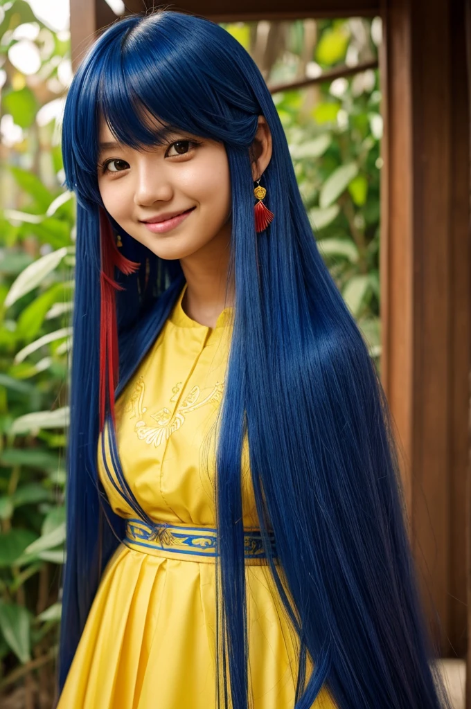 Long back-length hair. blue, red strands to ends of wavy hair with hime cut bangs. yellow eyes, Jasminum sambac behind her right ear. wearing baro't saya and bakya. friendly smile. Anime girl 