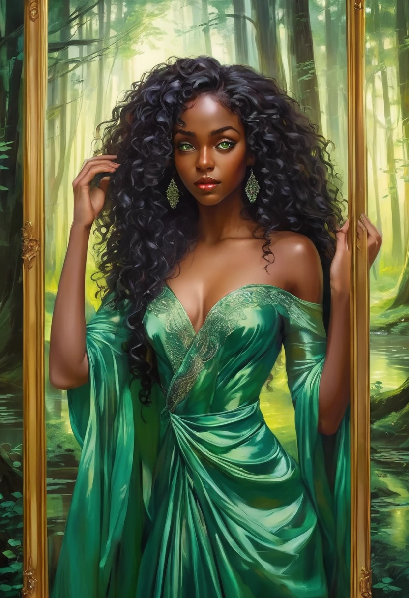 2 images, the main image is a character, a black woman with curly long hair and bright green eyes, she is wearing a long vibrant silk dress, she is staring at her reflection in a mirror, the background is a forest, the atmosphere is opposite to the main character, the reflection in the mirror is wearing a different silk dress and gives off a different mood, vibrant colors, the style is abstract, surrealism, expressionism,