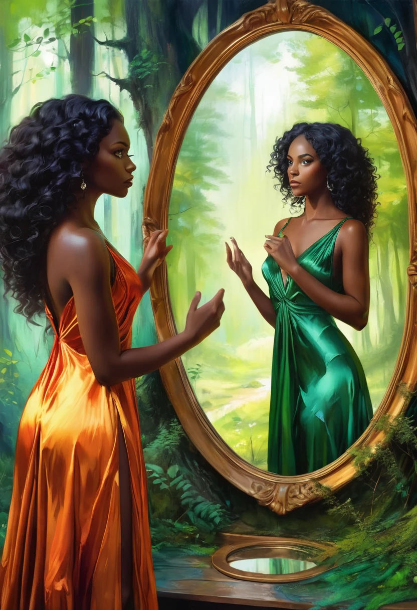 2 images, the main image is a character, a black woman with curly long hair and bright green eyes, she is wearing a long vibrant silk dress, she is staring at her reflection in a mirror, the background is a forest, the atmosphere is opposite to the main character, the reflection in the mirror is wearing a different silk dress and gives off a different mood, vibrant colors, the style is abstract, surrealism, expressionism,