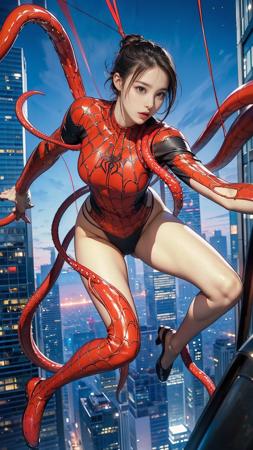 ((masterpiece)),(((最high quality))),thin太もも,Long legs,whole body:1.5,1 Girl,A woman wearing a spider girl costume fights、Childish face and appearance、Damaged by countless mechanical tentacles.,Gravure idol level cuteness,short hair that shows the forehead,Accurately drawn faces,Sweaty skin,thin,Anatomically correct,Perfect proportions,Accurate Fingers,Battle scenes with active poses and angles,mechanical tentacles wrap around your arm.,Spider girl costume that is very thin and fits the body,place々Clothes are torn and skin is visible.,countless mechanical tentacles,In a skyscraper at night,masterpiece,high quality,Spider systems are widespread:1.5,