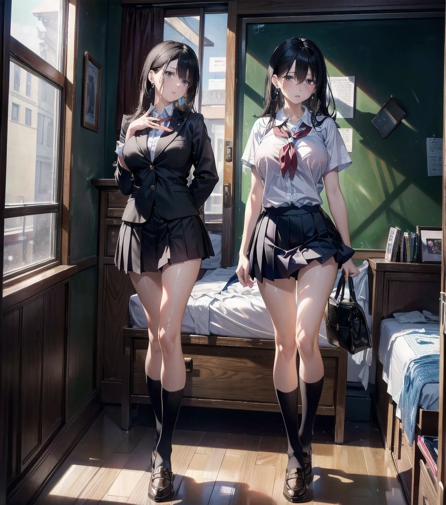 absurdres, RAW photo, extremely delicate and beautiful, masterpiece, Best Quality, ultra high resolution, 32k, hyperrealistic, ultra-detailed, in her 20s, delicate facial features, tearful mole, earring, huge breasts, ((full body shot)), shorter middle hair, black hair, ((school uniform)), bedroom,