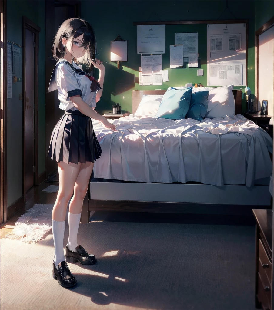 absurdres, RAW photo, extremely delicate and beautiful, masterpiece, Best Quality, ultra high resolution, 32k, hyperrealistic, ultra-detailed, in her 20s, delicate facial features, tearful mole, earring, huge breasts, ((full body shot)), shorter middle hair, black hair, ((school uniform)), bedroom,