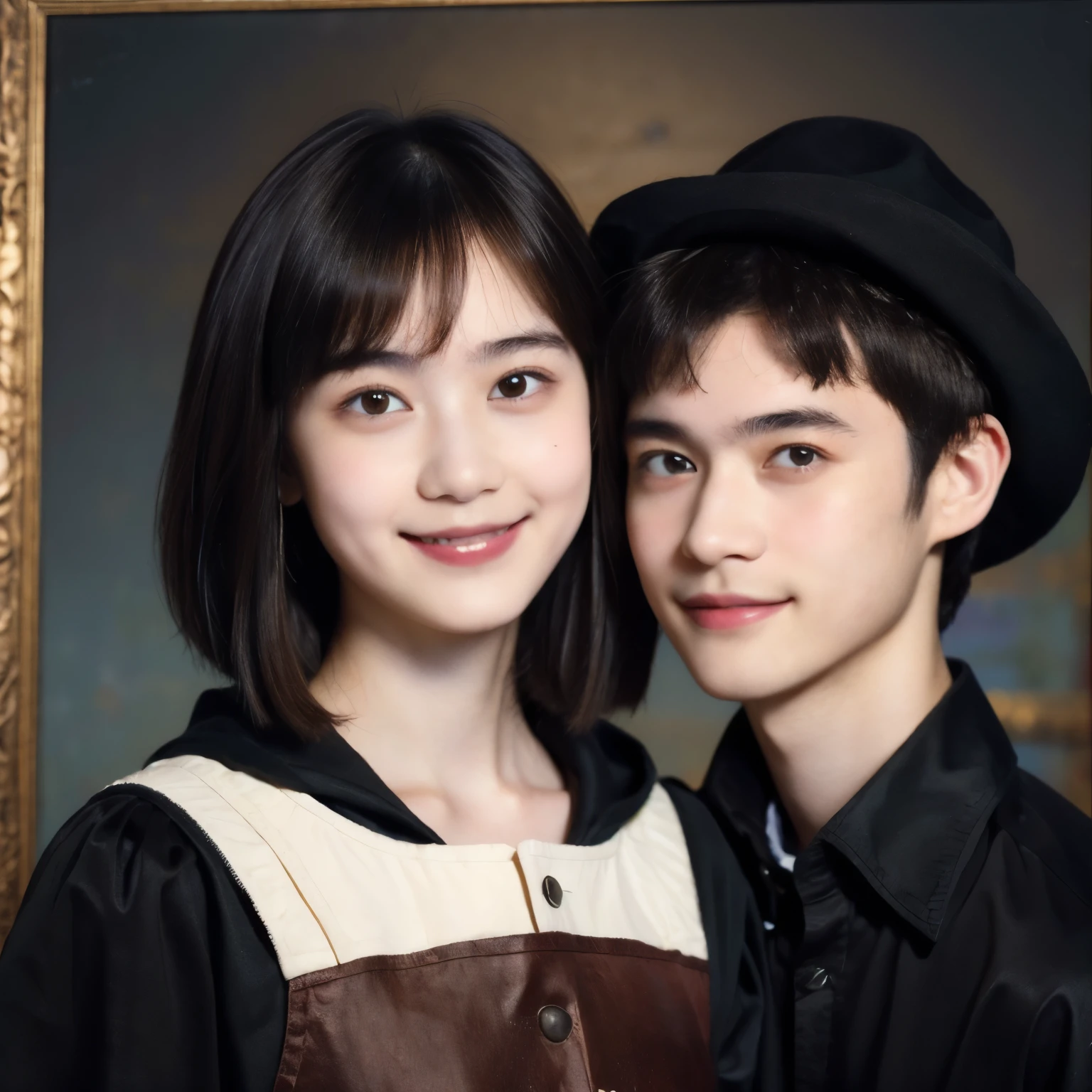 252 (An 18-year-old female and an 18-year-old male), (short hair),kind, lipstick, (Rembrandt-style painting), smile