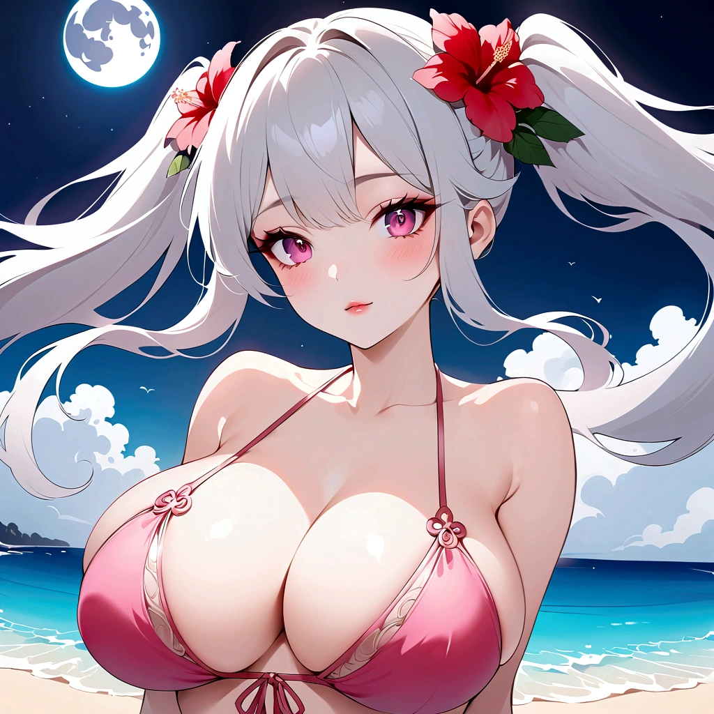 Highest quality,１People Girls, cute, White Hair,Twin tails, Floating hair, bright pink eyes, Loose and fluffy hair, Elegant and delicate eyes, Detailed facial features, Long eyelashes, Beautiful lip detail, graceful and detailed poses, Upper Body, Dynamic configuration,Vibrant colors, Soft and dreamy, Hibiscus Landscape,A cheerful smile,Ocean,summer,moon,Night Sky,In a pink bikini,sitting on the beach,  Large Breasts