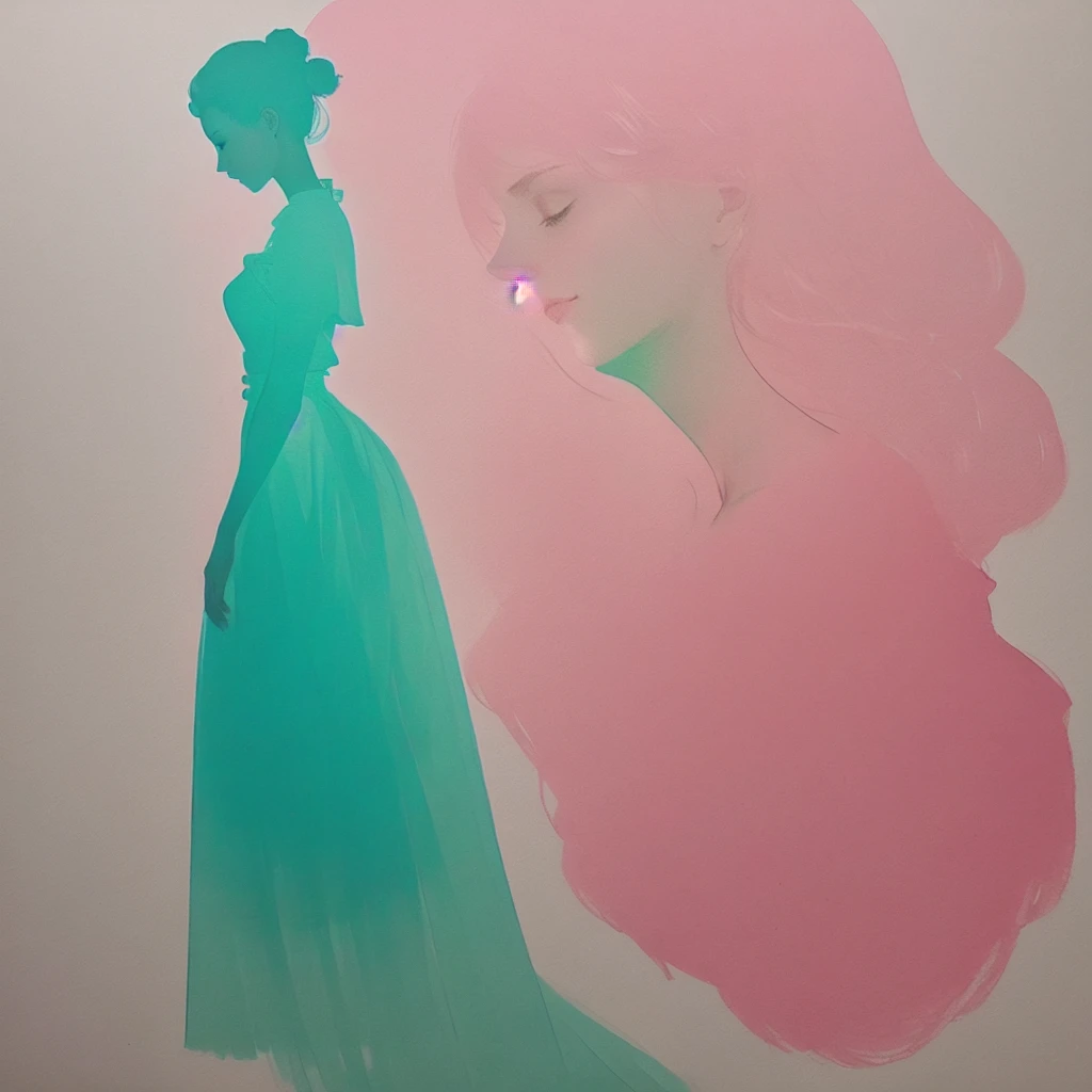 Full silhouette of woman for fashion sketch drawn in pencil with light pink, mint green, light blue colors