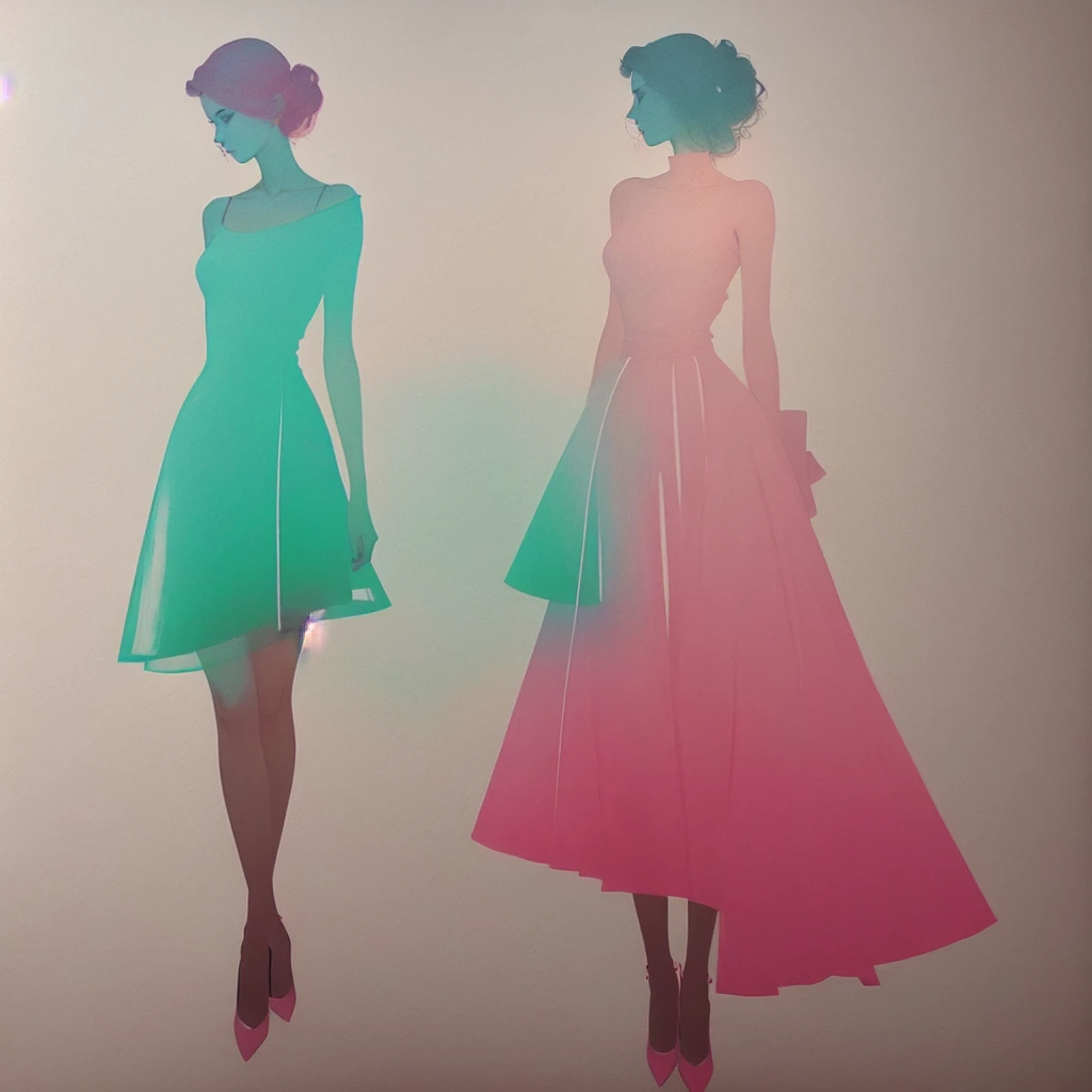 Full silhouette of woman for fashion sketch drawn in pencil with light pink, mint green, light blue colors