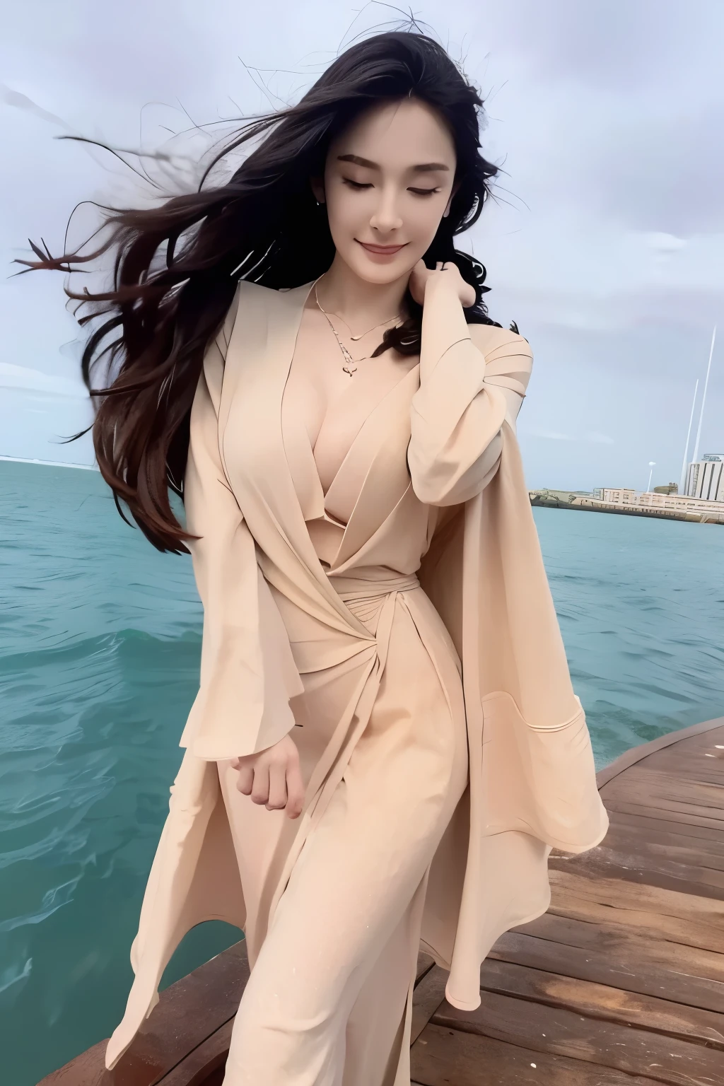 Beautiful woman with perfect body:1.4,Prominent cleavage,Layered Hairstyle,Highly detailed face and skin textures,Double eyelids,Skin Whitening,Long hair,Whitened long legs,(Uniforms,necklace),Standing by the sea,Half-length photo
