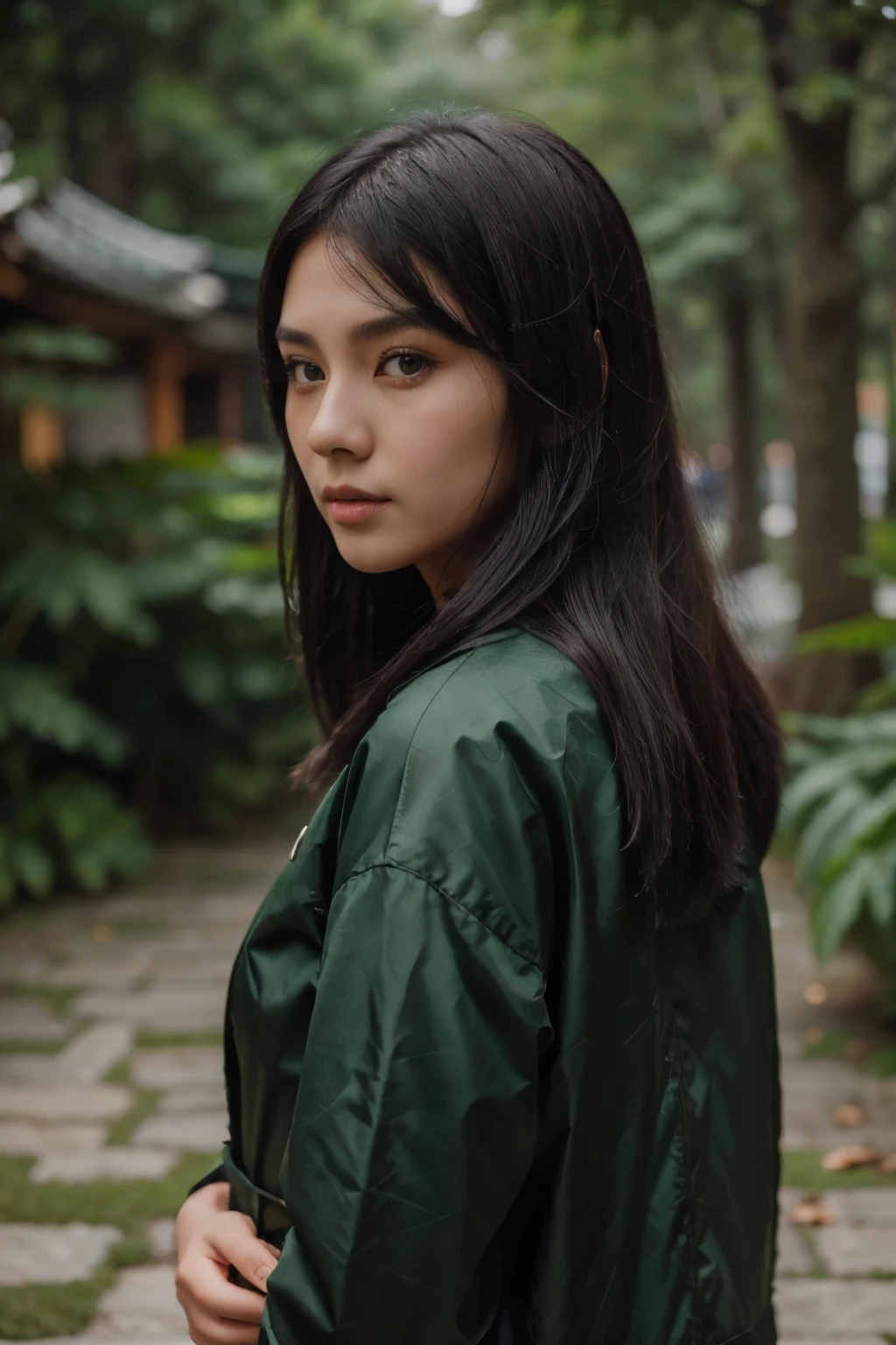 a girl with long wolf cut hairstyle, green and black hair, facing forward on the right side, beautiful face, masterpiece, best quality, asian clothing with oversized dark green jacket, korean girl, emerald green eyes, masterpiece, with 4:5 ratio portrait.