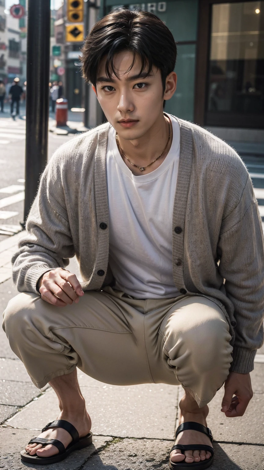 In this fascinating photo、A handsome 35-year-old Korean man with a beam、He is wearing a white shirt, a black cardigan, grey sweatshirts and black sandals.、 He was crouching on the edge of an outdoor street environment.., Colorful dust, Holi Festival, Bathed in the golden light of a beautiful day. With unparalleled attention to detail., This realistic portrait blends National Geographic style。., 8K resolution captures skin texture in fine detail. Leica digital SLR camera. His features were clearly visible., From deep-set eyes to a chiseled jawline., Make this image a true masterpiece..lift. (8K Ultra HD、Raw photo、Photorealistic Portraits Leica Digital SLR、Realistic images)