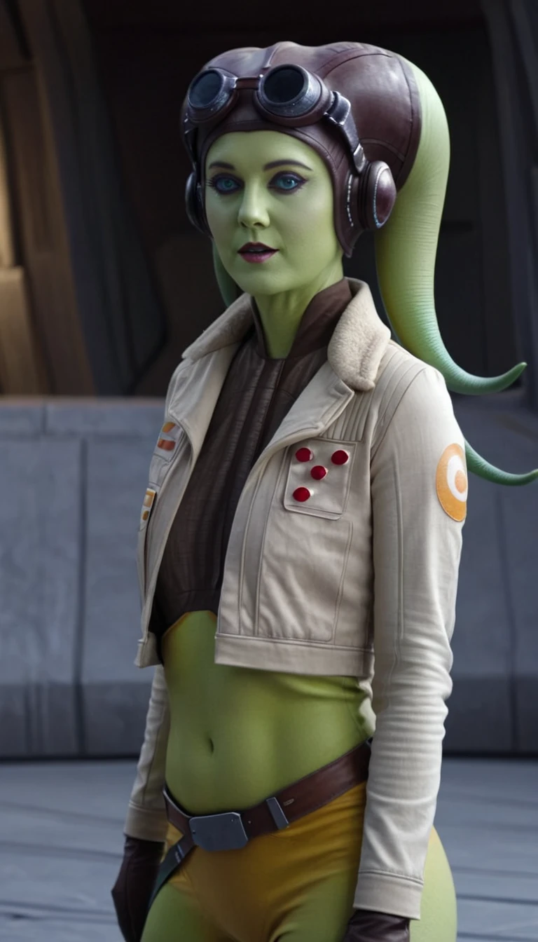 A beautiful, sensual green-skinned woman, Hera Syndulla, nude and alluring, (detailed realistic,4k,highres,masterpiece:1.2), (NO JACKET), cinematic lighting, dramatic shadows, intricate anatomy, flawless skin, mesmerizing gaze, dynamic pose, lush environment intricate tattoos