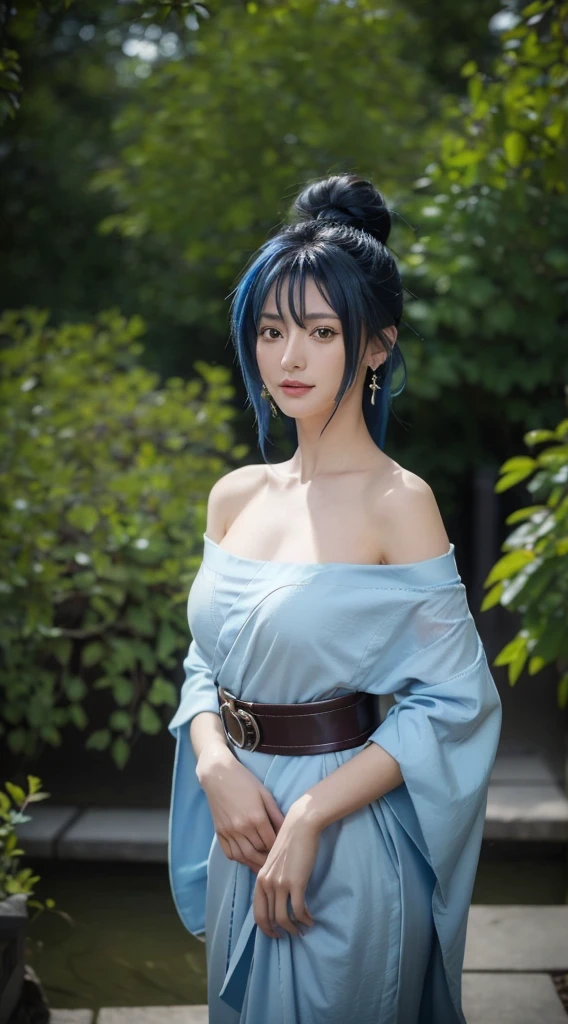 xenovia, masterpiece, best quality, CG, wallpaper, HDR, high quality, high-definition, extremely detailed, blue hair, yellow eyes, hair in a bun, beautiful, beautiful woman, perfect body, perfect breasts, wearing a kimono, wearing earrings, wearing watch, being in the garden, cherry tree, traditional Japanese house, looking at the viewer, a slight smile, realism, masterpiece, textured leather, super detail, high detail, high quality, best quality, 1080p, 16k, showing shoulder