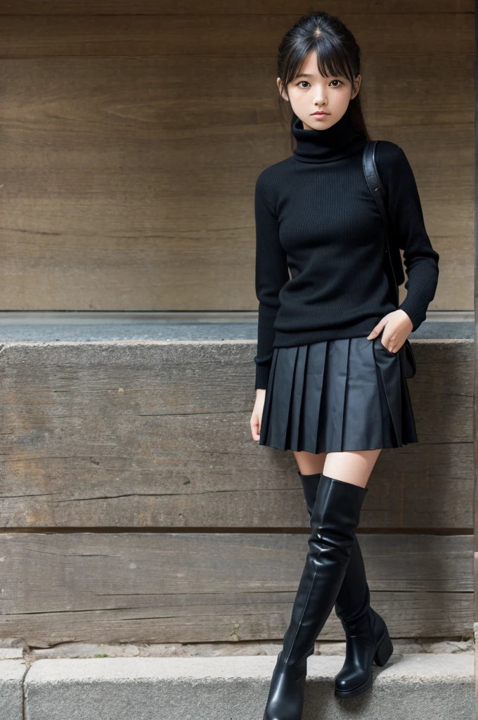 15 years old Japanese melancholy Black pleated skirt Black turtleneck sweater Knee-high boots