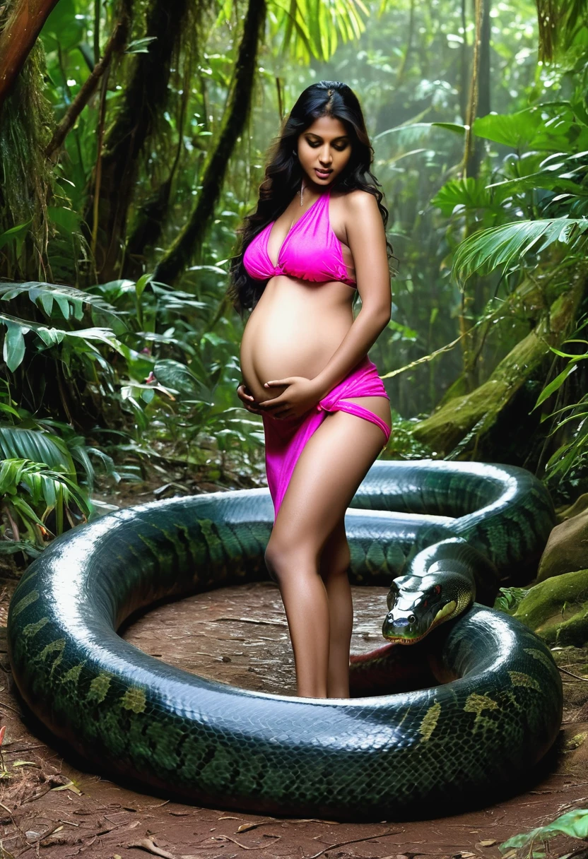 Pregnant Topless pink bikini wearing aroused horny beautiful happy indian girl vs Giant colossal black anaconda monster wrapped around her body squeezing her in coiled embrace cuddling and kissing sexual erotic bestiality sex realistic in the rainforest full body, best quality wet