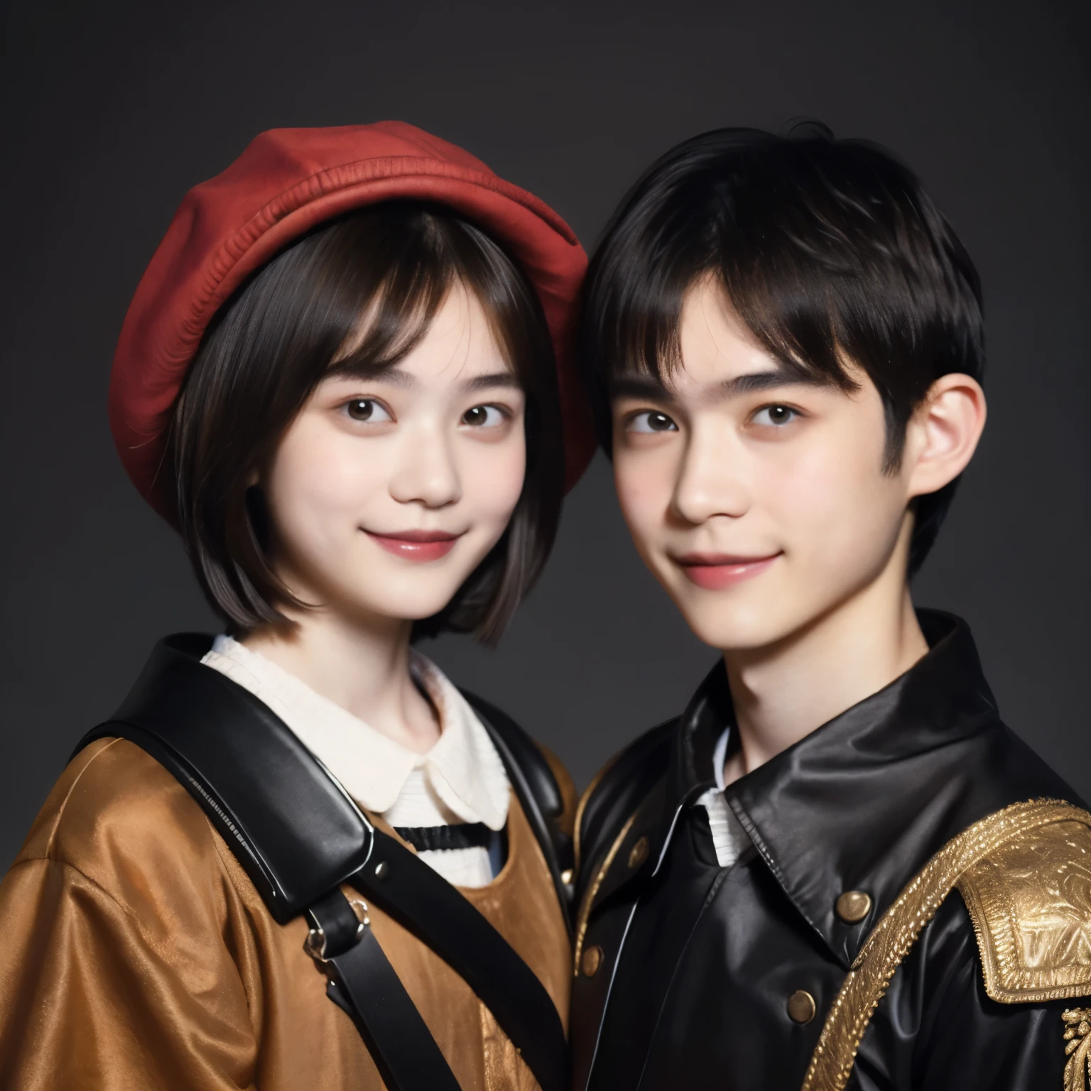 252 (An 18-year-old female and an 18-year-old male), (short hair),kind, lipstick, (Rembrandt-style painting), smile