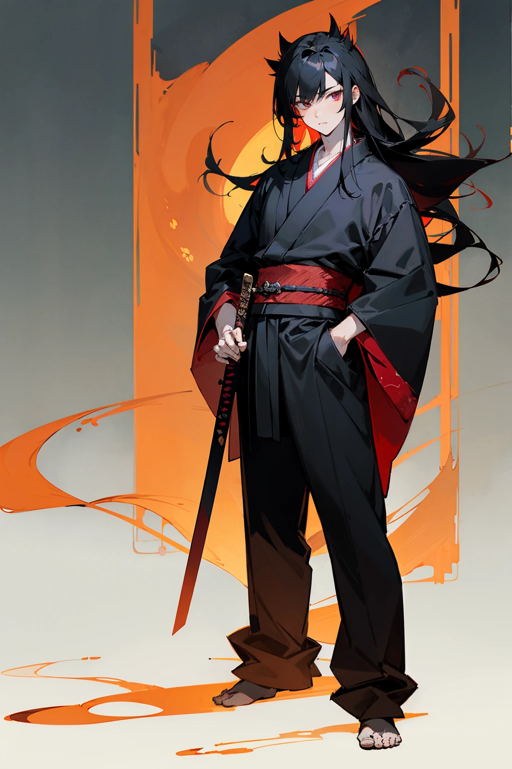 Masterpiece Quality, Perfect Generation, , Detailed Eyes, , Red And Black Long Spiky Hair, Black And Red Haori, Bored Expression, , Full Body, , , Standing, Facing Viewer, Male, Standing Outside Temple In Forest, Clothed, Kimono, Standing In Temple, Night, Teen, Long Black Hair, Sword on hip,