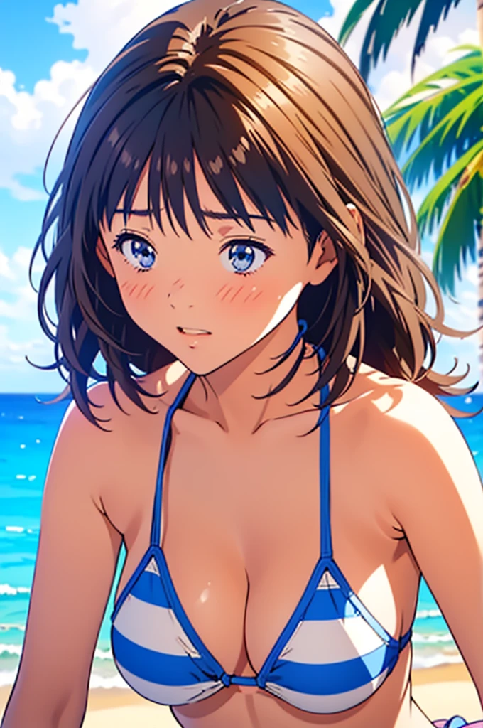 NSFW、(I"s、Ashizuki Iori、Yoshizuki Iori、Yoshizuki Iori、Yoshizuki Iori)、Big Breasts、(This is a close-up shot of a young anime girl in a bikini on the beach:1.4)、(solo:1.4)、(One girl:1.4)、(I"s、Ashizuki Iori、Yoshizuki Iori、Yoshizuki Iori、Yoshizuki Iori)、(blue eyes:1.2)、(Blue and white striped bikini top:1.3)、(Blue and white striped bikini bottoms:1.2)、(belly button:1.1)、(Sitting on the beach:1.3)、(Palm trees in the background:1.2)、(Background sea:1.2)、(blue sky:1.1)、(Detailed face:1.3)、(Beautiful detailed eyes:1.3)、(Slightly parted lips:1.2)、(Shy, embarrassed expression:1.3)、(Blushed cheeks:1.2)、(Slender body:1.2)、(Large Breasts:1.3)、(masterpiece:1.2)、(Highest quality:1.3)、(Ultra-high resolution:1.2)、(Photorealistic:1.1)、