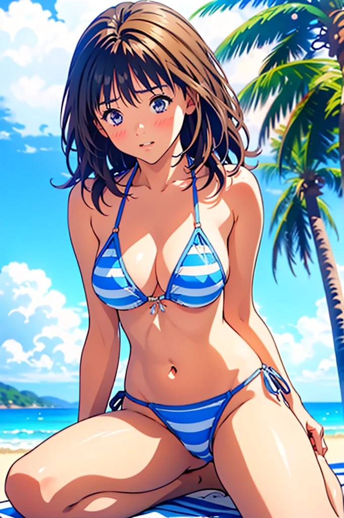 NSFW、(I"s、Ashizuki Iori、Yoshizuki Iori、Yoshizuki Iori、Yoshizuki Iori)、Big Breasts、(This is a close-up shot of a young anime girl in a bikini on the beach:1.4)、(solo:1.4)、(One girl:1.4)、(I"s、Ashizuki Iori、Yoshizuki Iori、Yoshizuki Iori、Yoshizuki Iori)、(blue eyes:1.2)、(Blue and white striped bikini top:1.3)、(Blue and white striped bikini bottoms:1.2)、(belly button:1.1)、(Sitting on the beach:1.3)、(Palm trees in the background:1.2)、(Background sea:1.2)、(blue sky:1.1)、(Detailed face:1.3)、(Beautiful detailed eyes:1.3)、(Slightly parted lips:1.2)、(Shy, embarrassed expression:1.3)、(Blushed cheeks:1.2)、(Slender body:1.2)、(Large Breasts:1.3)、(masterpiece:1.2)、(Highest quality:1.3)、(Ultra-high resolution:1.2)、(Photorealistic:1.1)、
