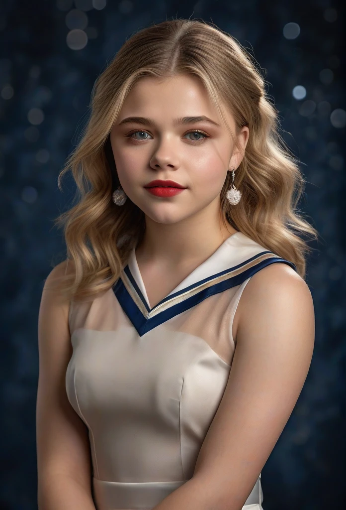 1girl, Chloe Moretz, full length portrait, beautiful detailed eyes, beautiful detailed lips, extremely detailed face and eyes, long eyelashes, university of michigan cheerleader uniform, sheer shiny shimmering silky tan pantyhose, 5 inch white high heeled pumps, holding pompoms, studio photo shoot, red lipstick, long dangling earrings, hair in ponytail, glamour photo shoot, (best quality,4k,8k,highres,masterpiece:1.2),ultra-detailed,(realistic,photorealistic,photo-realistic:1.37),HDR,UHD,studio lighting,ultra-fine painting,sharp focus,physically-based rendering,extreme detail description,professional,vivid colors,bokeh