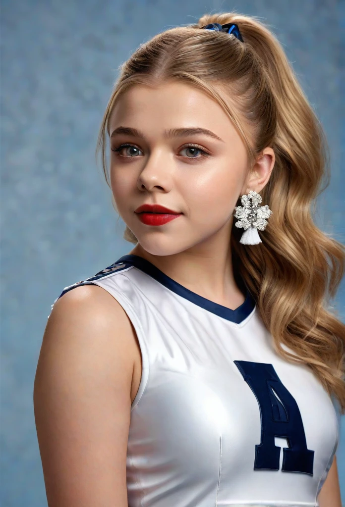 1girl, Chloe Moretz, full length portrait, beautiful detailed eyes, beautiful detailed lips, extremely detailed face and eyes, long eyelashes, university of michigan cheerleader uniform, sheer shiny shimmering silky tan pantyhose, 5 inch white high heeled pumps, holding pompoms, studio photo shoot, red lipstick, long dangling earrings, hair in ponytail, glamour photo shoot, (best quality,4k,8k,highres,masterpiece:1.2),ultra-detailed,(realistic,photorealistic,photo-realistic:1.37),HDR,UHD,studio lighting,ultra-fine painting,sharp focus,physically-based rendering,extreme detail description,professional,vivid colors,bokeh