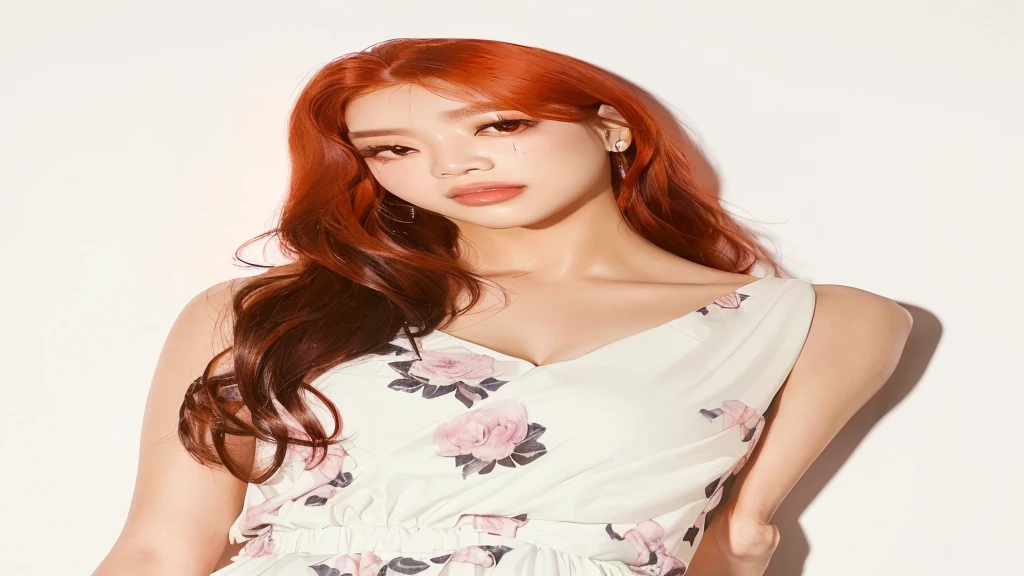 Mujer arafed con pelo rojo y un vestido blanco posando para una foto., parque roseanne de blackpink, jossi de blackpink, heonhwa choe, kim taejin, Jinyoung Shin, portrait of jossi de blackpink, parque ji min, sangsoo jeong, sun yunjoo, Jaeyeon Nam, kim hyun joo, seson yoon