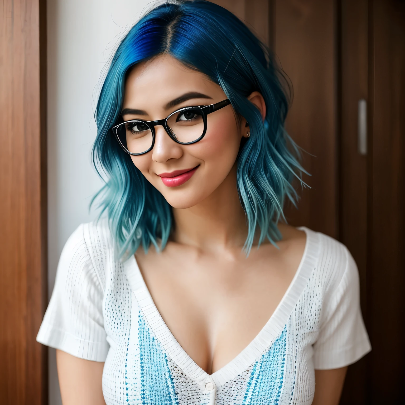 (blue hair:1.5), (short hair:1.3), cobalt hair, green eyes, Full body, woman with white skin and Asian features, 24 year old, big breast. She has a small, elegant nose with a slight upward curve at the tip. Her lips are full and naturally pink, with a well-defined Cupid's bow. Her teeth are straight and white, enhancing her captivating smile. Her face has an oval shape with high cheekbones that add to her model-like appearance. (crack), detailed (texture!, shine, color!!, flaws: 1.1), highly detailed glowing eyes, (looking at camera), specular light, dslr, extreme quality, Fujifilm XT3, crystal clear, cute face, detailed skin pores, oil Dark skin, brown, complex eye details, she is far from the camera, A full-body portrait, captured from a distance. Dynamic Frame, (masterpiece), (best quality), (ultra-detailed), masterpiece, best quality, highly detailed, 1girl, solo, thin blouse, brown sweater,collared shirt,blue skirt, white thigh highs, Athletic body, sitting, short school suit, outdoors, sexy Linda thig gap, glasses, intricate details, shiny background, glossy, intricate, elegant, sharp focus, bright colors, cinematic, extremely beautiful, stunning composition, creative, positive radiant, inspiring, thought, fancy, iconic, fine detail, full color, cheerful, cute, perfect light, magic, pretty, illuminated, amazing, epic, great artistic, atmosphere, new, fantastic
INFO