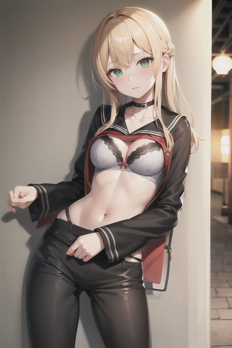 masterpiece, Highest quality, Perfect lighting, Facial Lighting, blonde, choker, Green Eyes, Long Hair, Black Sailor Suit, Japanese ,blush, Breakwatch Viewer, Outdoor break, Leaning against a wall,Bra glancing