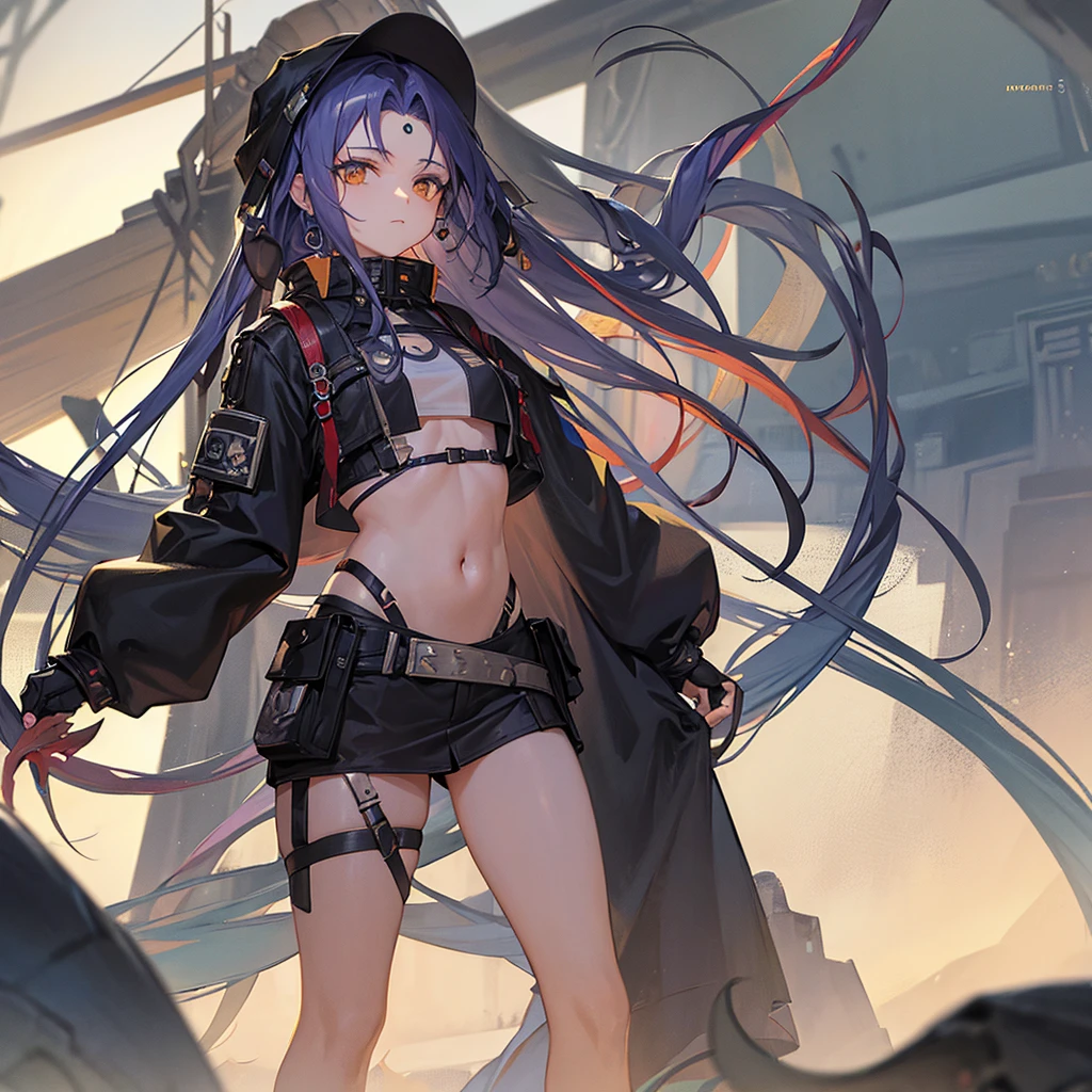 woman. mulatta. He has dreadlocks in his hair. has tattoos. He is wearing black clothes. futuristic scenery