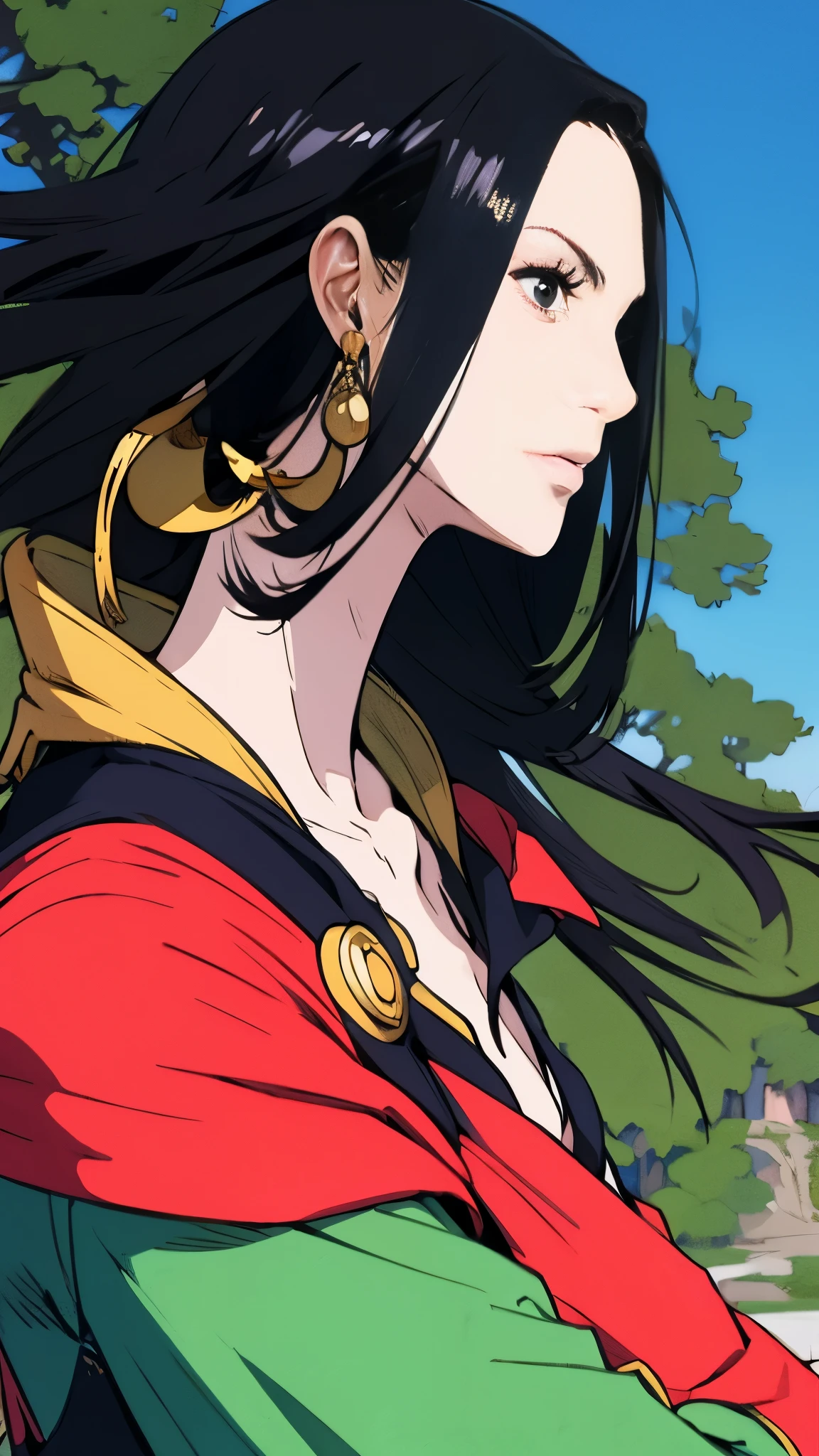 ボアHancock、Hancock、profile、Upper Body、Highest quality、Masterpiece、Black Hair、forest、Cape
