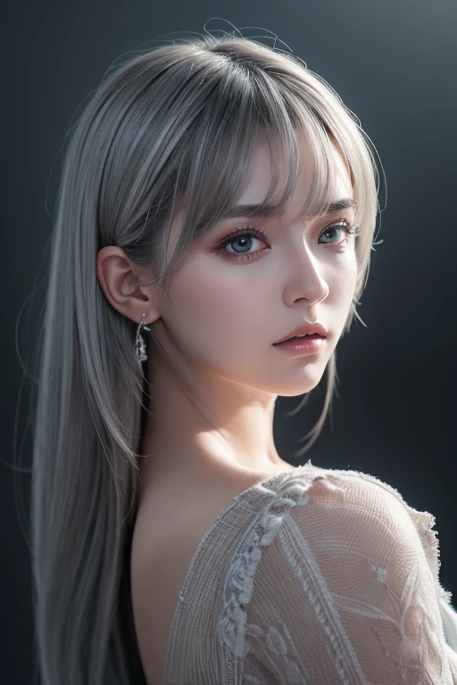 highly detailed, 8K, masterpiece, One girl, Grey Two Tone_hair, dress , , (perfection_face), Brilliant, Complex, Dramatic lighting, 4K, detailed_background, Caustics, Portraiture, , from_~ side