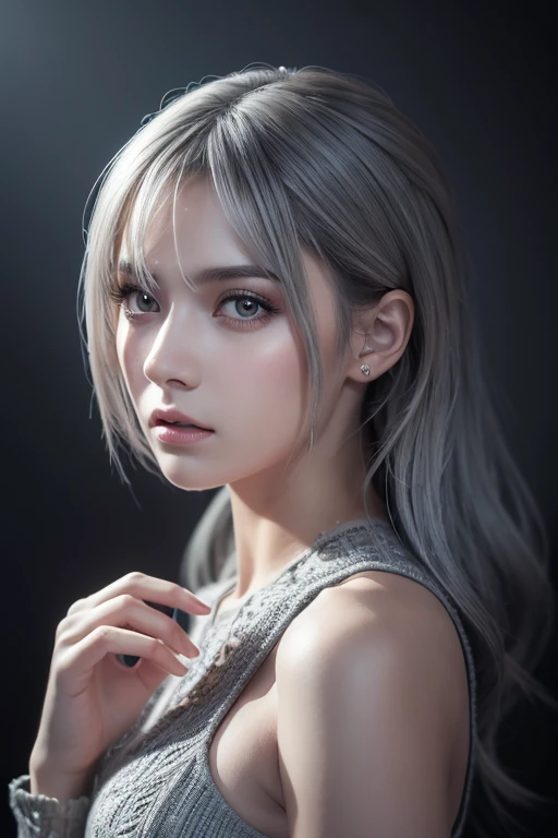 highly detailed, 8K, masterpiece, One girl, Grey Two Tone_hair, dress , , (perfection_face), Brilliant, Complex, Dramatic lighting, 4K, detailed_background, Caustics, Portraiture, , from_~ side