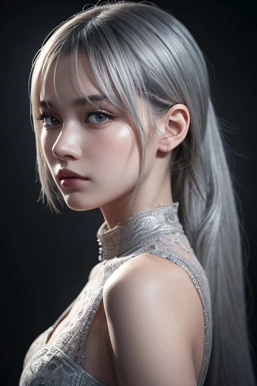 highly detailed, 8K, masterpiece, One girl, Grey Two Tone_hair, dress , , (perfection_face), Brilliant, Complex, Dramatic lighting, 4K, detailed_background, Caustics, Portraiture, , from_~ side