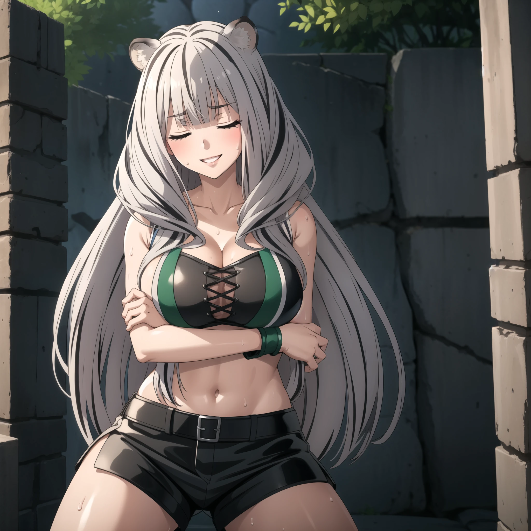 Atlas Fayon woman 40 years, white hair with black stripes ,white tiger ears, closed eyes, mujer ciega con closed eyes, disfraz de explorer, green low cut leather tops, leather shorts, explorer, big breasts,, background some mayan ruins. sweat on the body, sweaty leather, happy smile,