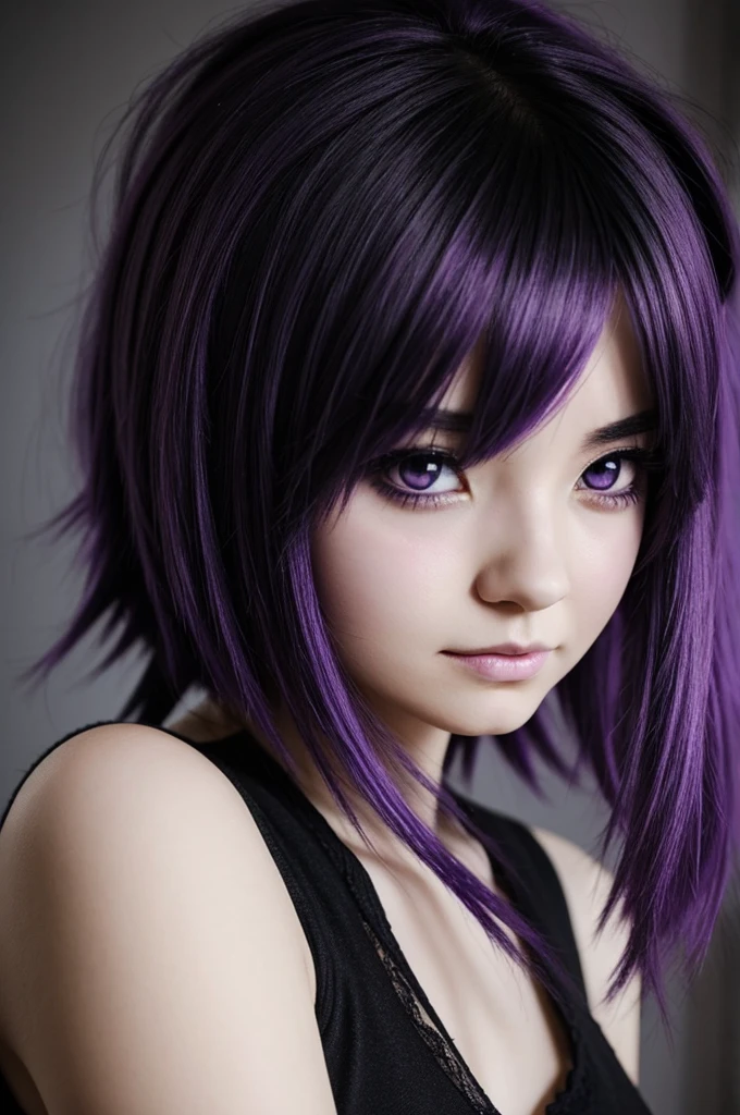 An anime girl with black and lilac hair who went through a lot of pain and now turned evil