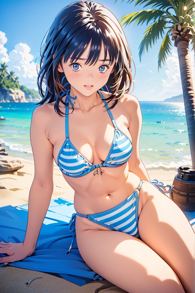 High resolution,topless、
One beautiful young woman,Light blue hair、ponytail、
(Soft Saturation:1.3), (Fair skin:1.2),
(ultra-Detailed Background, Detailed Background), Bokeh,
break&#39;Portrait of a smiling girl.,
When viewed from the front, The composition is symmetrical,
Looking straight at you with serious eyes,
break Swimwear, White Bikini, Center of chest, 
Outdoor, Sea surface, null, sunlight,Summer beach, Sandy Beach,
Strong light, Front lighting, 
(Teen:1.3), (Cowboy Shot:1.2),
Front brake angle,
View your viewers,
Dynamic pose,
sitting on the beach

Seaweed、Seaweed、Seaweed、Seaweed、Seaweed、Seaweed、Seaweed、