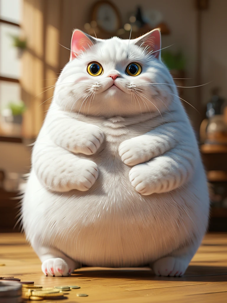 best quality, ultra high resolution, official wallpaper, (Photorealistic:1.4),(smile:0.6), looking at viewer,Wallpaper Extremely detailed 8k unity CG screen,masterpiece,high quality,(cute fat white cat),with belly(coin money background)