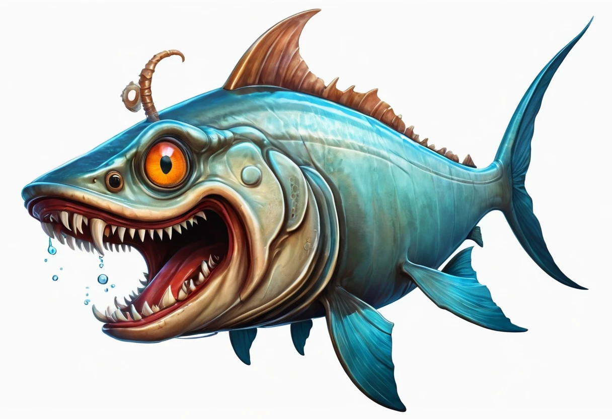 An ancient mutant dogfish,Faucet,Horns on the head,fear,Scary,Huge teeth,ferocious,(((side view:1.2))),White background,cartoon,Second Dimension
