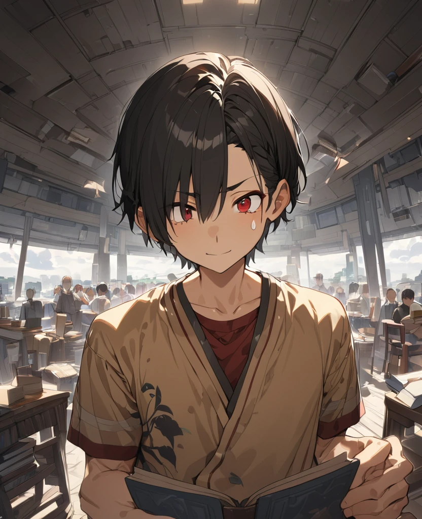 One Man、Black Hair、Hairstyle、Shortcuts、Red eyes、Droopy eyes、Teardrop、whole body、Ocher vest、Hold the book in your right hand、Cloudy, Hair behind the ear, Asymmetrical bangs、 short hair, tsurime, Red eyes, A light smile, First Person View, Ultra-high resolution, Super detailed