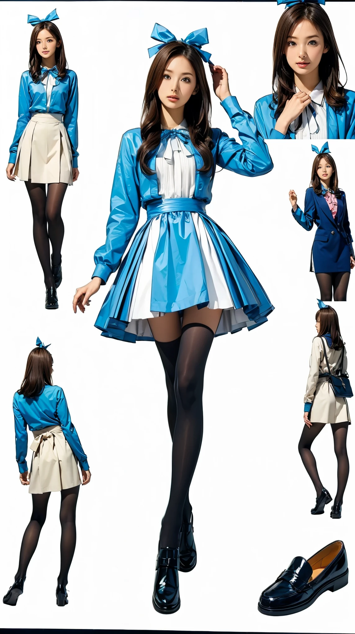 ((masterpiece)),(((Highest quality))),((Character design sheet)),Thin thighs,Long legs,((Alice in Wonderland, wearing a large ribbon on your head,, wear black tights,loafers))、20 year old Japanese woman, (Very slim:1.4)、Low - Angle,Walking with arms raised:1.5,