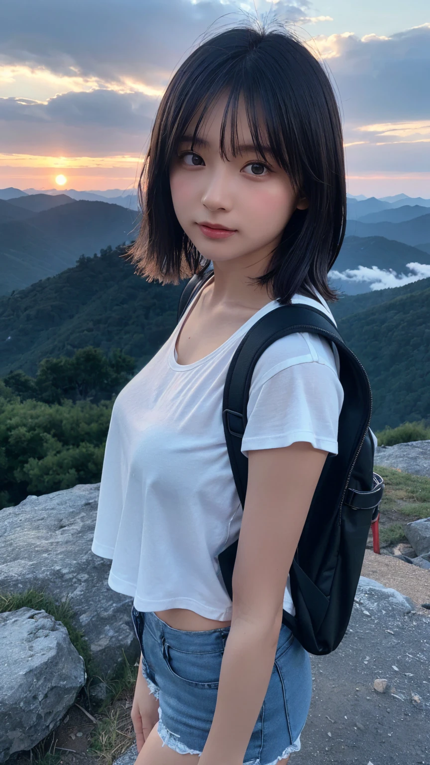 Highest quality, masterpiece, Ultra-high resolution, (Realistic:1.3), RAW Photos, (Nature landscape photography), (Majestic Mountain々The summit of the, sea of clouds), (On top of a very large mountain), (sunset), (One Girl), (Upper Body), (20-year-old), (smile:0.9), (Shiny skin), (short hair, Dark brown hair), (White T-shirt), (Tight casual shorts), (Carry a large backpack on your back), (Ultra detailed face), (Nipple erection), (Highly detailed eyes), (Highly detailed nose), (Highly detailed mouth), (Very skilled hands), (Super-detailed body), Sony a7, 85mm lens, f9.0, Pan Focus
、Luxury lace panties、