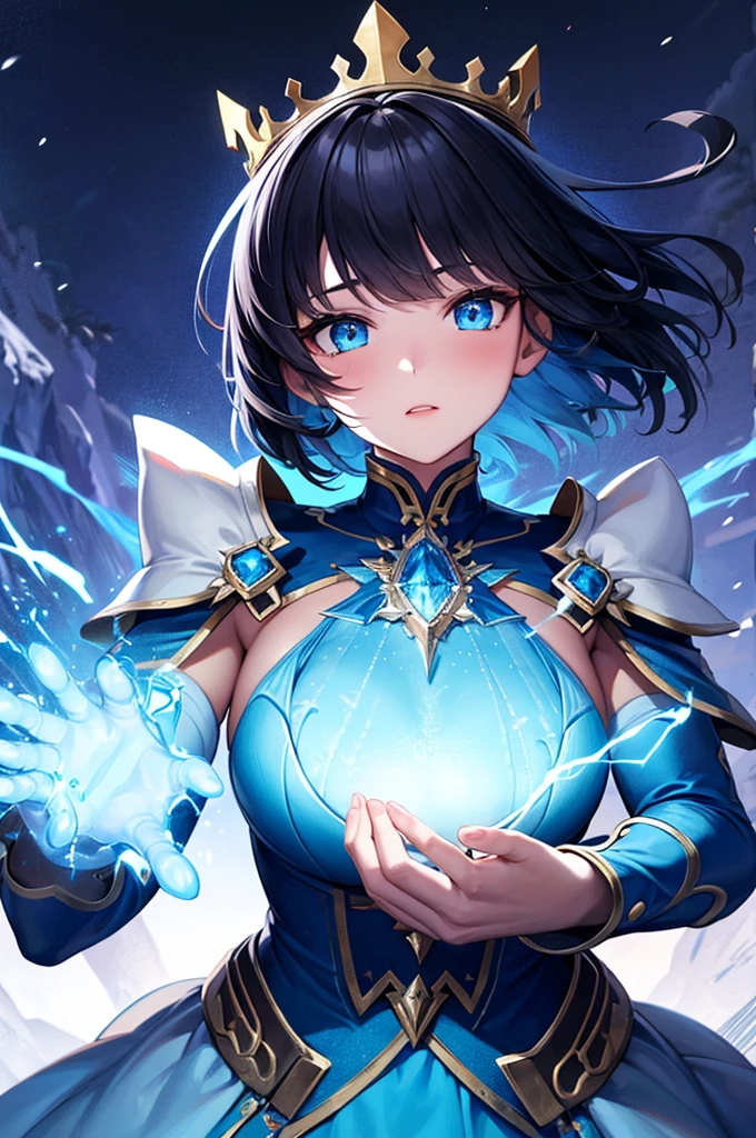 night, ((1 Girl)), alone, masterpiece, 8k wallpaper, High resolution, Absurd, High Quality Backgrounds, short hair, Black Hair, Multicolored Hair, Beautiful frozen village, (Bright full moon), Blue clothes, Detailed dress, Jewelry Dress, (magic:1.2), blue fire, blue eyes, Glowing Eyes, fire, Ice Goddess, (Beautiful crown with blue details), electricity, blue electricity, Blue light particles
