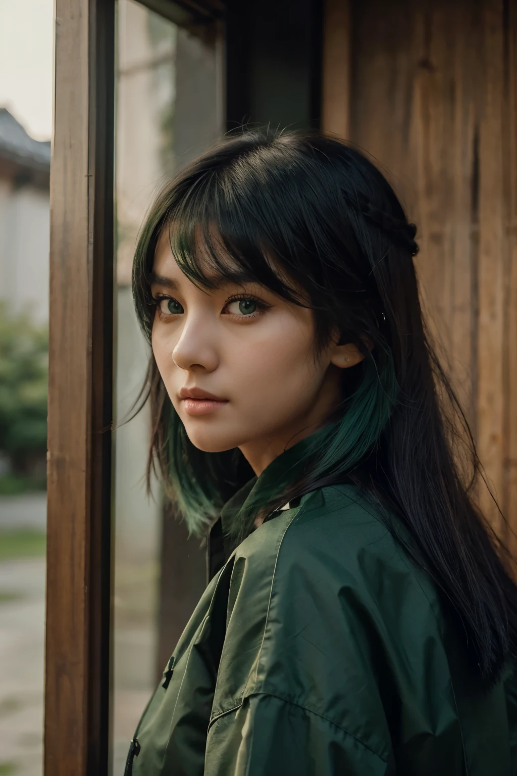 a girl with long wolf cut hairstyle, green and black hair, facing forward on the right side, beautiful face, masterpiece, best quality, asian clothing with oversized dark green jacket, korean girl, emerald green eyes, masterpiece, with 4:5 ratio portrait.