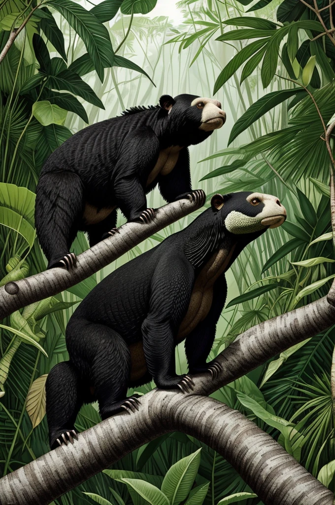 a spectacled bear , a huarequeque , A white-winged guan and an iguana in an immense forest of vegetation lived together . Make the drawing as black and white coloring