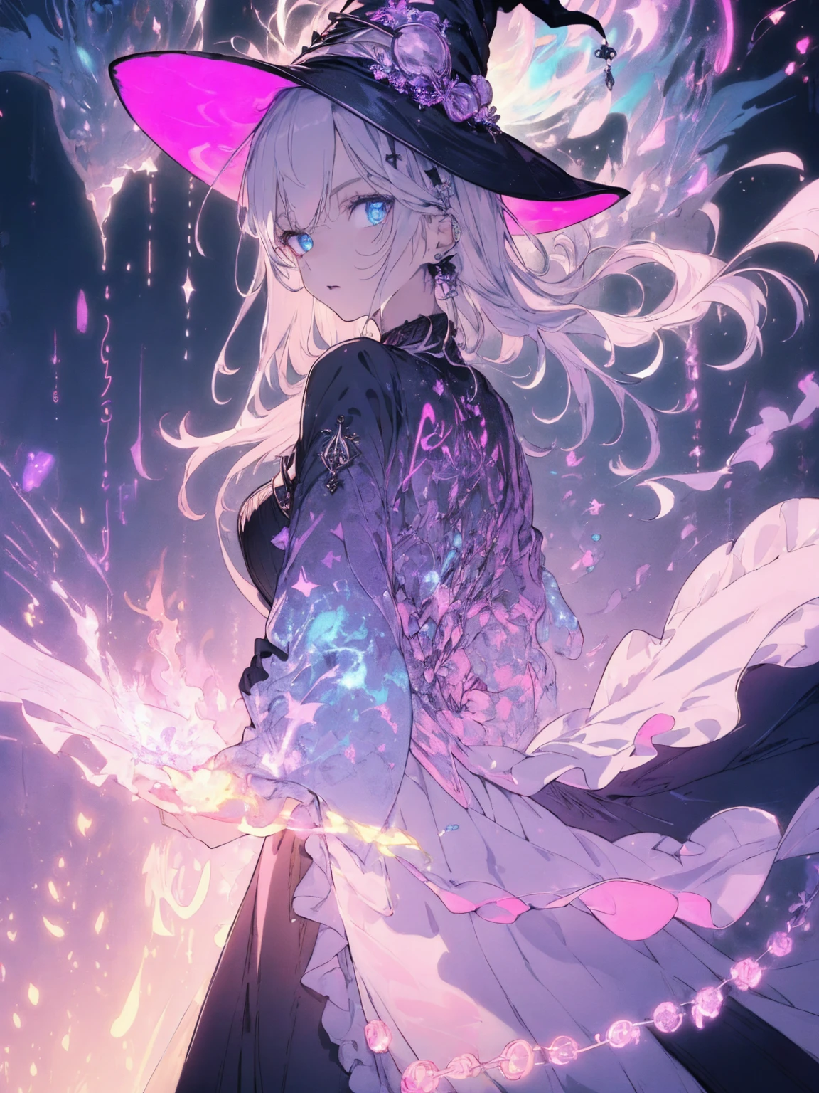 (witchcraft photo:1.1,in neon downtown:1.5), Masterpiece, best quality, (very detailed CG unity 8k wallpaper), (best quality), High definition RAW color art, Animation,sculptures, (pink Marble Skin), (((Ultra detailed elegant))), Magical atmosphere, Detailed skin, Texture,(Intricately detailed, Fine detail, ultra-detail art), depth of fields, bokeh, Silky Touch, Hyper Detail, beautiful eyes, Elegant Face, (looking back), sparkle background, (silver hair), pastel purple, blue flame, shorthair, dress, フリル, witchcraft hat