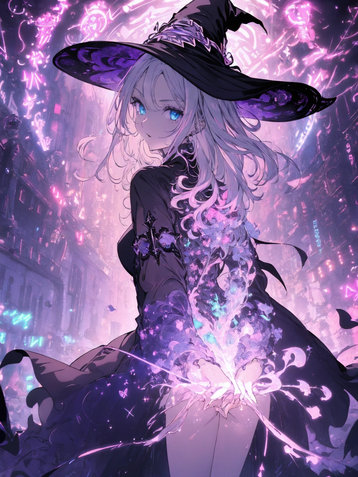 (witchcraft photo:1.1,in neon downtown:1.5), Masterpiece, best quality, (very detailed CG unity 8k wallpaper), (best quality), High definition RAW color art, Animation,sculptures, (pink Marble Skin), (((Ultra detailed elegant))), Magical atmosphere, Detailed skin, Texture,(Intricately detailed, Fine detail, ultra-detail art), depth of fields, bokeh, Silky Touch, Hyper Detail, beautiful eyes, Elegant Face, (looking back), sparkle background, (silver hair), pastel purple, blue flame, shorthair, dress, フリル, witchcraft hat