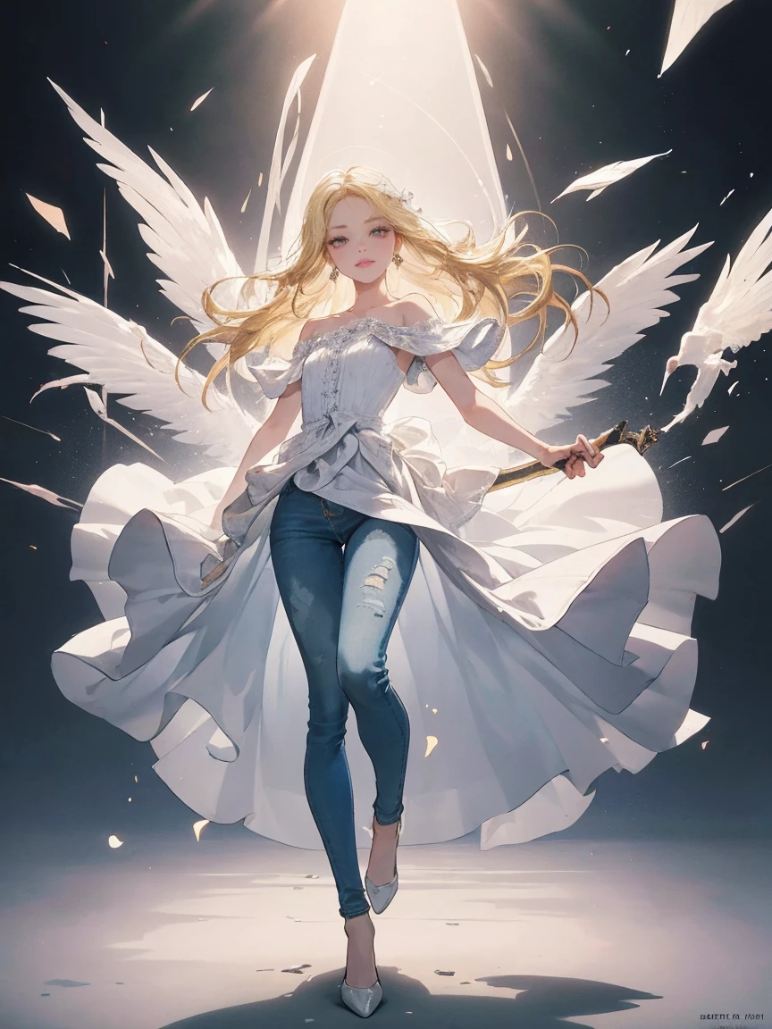 (Masterpiece artwork), ((best qualityer)), (ultra detali), ((very delicate beautiful)), (incredibly ridiculous))), (perfect body figure))), 1 girl, bright white particles, struggle, fail_with sword, blond hair bob, Eyes red, Seventeen years old, external, Heaven heaven, Full body aura, The large, tattered white dress, shoulder, small smiling, greatest + Background with, wind, perfect hands, Hand detail, Modify your fingers. ear nipple ring, looking at_show_Spy on the spectators, Slow jeans, rich details details, Perfect image quality