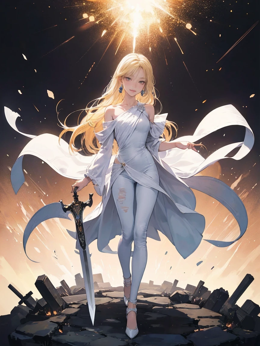 (Masterpiece artwork), ((best qualityer)), (ultra detali), ((very delicate beautiful)), (incredibly ridiculous))), (perfect body figure))), 1 girl, bright white particles, struggle, fail_with sword, blond hair bob, Eyes red, Seventeen years old, external, Heaven heaven, Full body aura, The large, tattered white dress, shoulder, small smiling, greatest + Background with, wind, perfect hands, Hand detail, Modify your fingers. ear nipple ring, looking at_show_Spy on the spectators, Slow jeans, rich details details, Perfect image quality