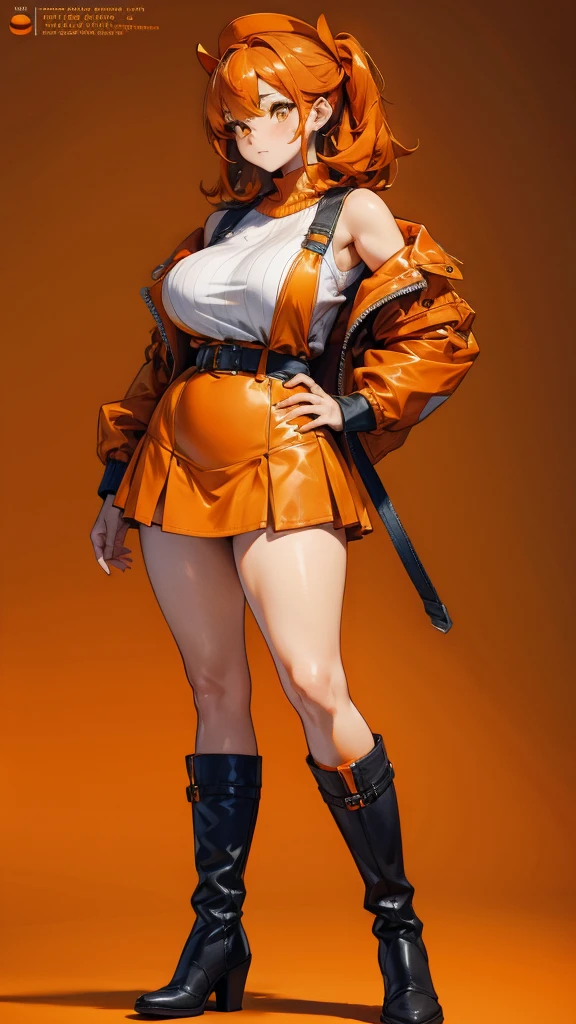 Best quality, Ultra-high resolution, ((orange color:1.3)), 1 girl, Beautiful woman, plump big breasts, Off-the-shoulder knit, Jacket, mini skirt, boots, Casual, orange colors（（Very large breasts）），（（Grooves reveal original skin））