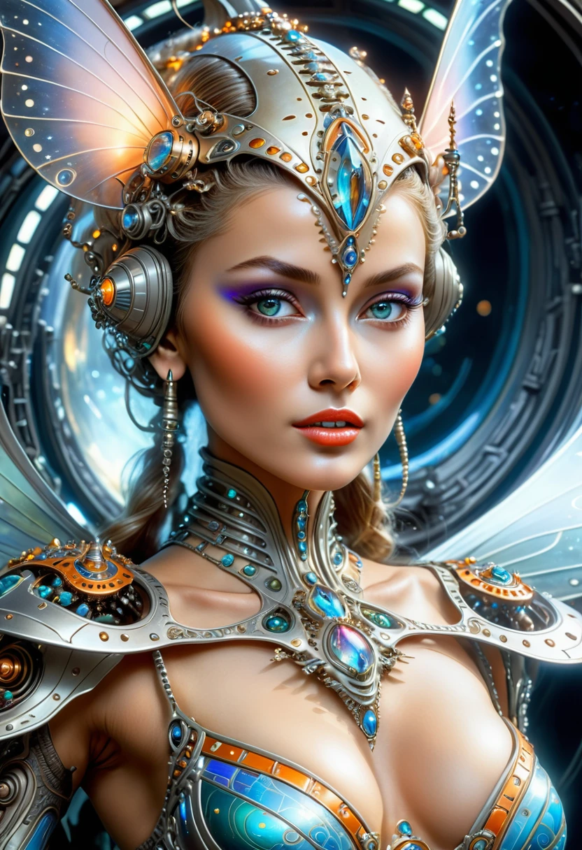 A beautiful fairy goddess, fairy queen in a biomechanical spaceship, outer space, retro futuristic, sci-fi, fantasy art, 80s fantasy movie style, frank frazetta style, detailed face,beautiful detailed eyes, beautiful detailed lips, extremely detailed face and eyes, intricate mechanical details, glowing cybernetic enhancements, ethereal flowing dress, dramatic lighting, vibrant colors, cinematic composition, masterpiece, 8k, photorealistic